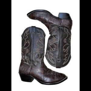 Larry Mahan Cowboy Boot Men's Size 9.5‎ E Brown Leather Emboidered Western Boots